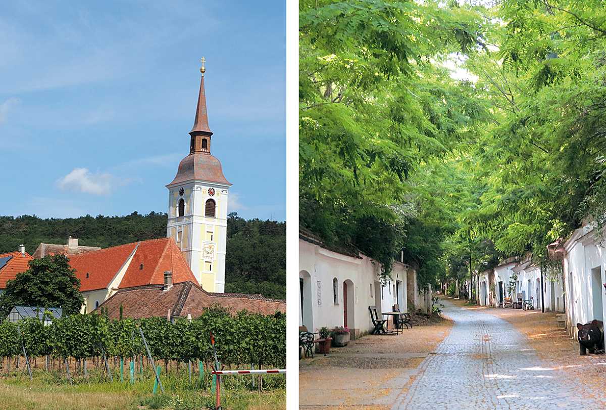 Links: Der schiefste Kirchturm von Österreich befindet sich in Waitzendorf. Die Neigung beträgt derzeit etwa 1,1 Grad und nimmt weiterhin zu. Rechts: Der Radyweg in Poysdorf ist eine typische Hohlweg-Kellergasse mit insgesamt 90 Presshäusern. Fotos © Thomas Ruzicka, aus: „Wanderbares Weinviertel“.