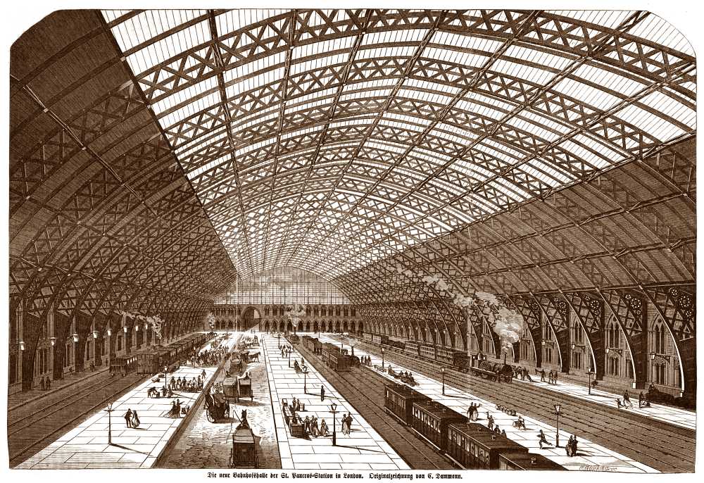 Die Bahnhofshalle von St. Pancras in London (Illustrirte Zeitung, Leipzig, 3.10.1868)