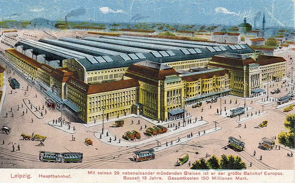 Leipzig, Hauptbahnhof, Postkarte, um 1914 (Wikimedia Commons)