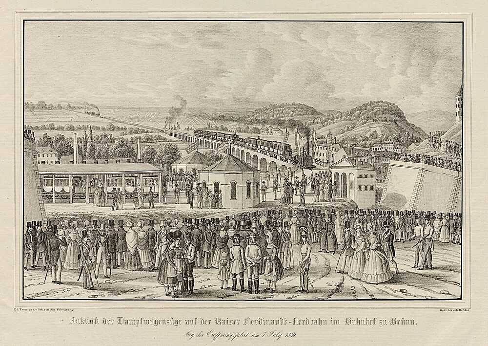 „Ankunft der Dampfwagenzüge auf der Kaiser Ferdinands-Nordbahn im Bahnhof zu Brünn bey der Eröffnungsfahrt am 7. July 1839“ (Wikimedia Commons)